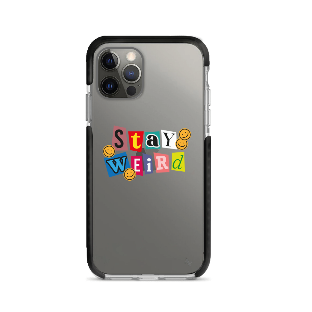 MAAD Stay Weird clear case for iPhone 12 Pro Max featuring a vibrant fruit sticker inspired print.